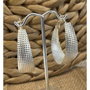Extra Large Textured Silver Tone VTG Y2K Hoop Earrings For Pierced Ears